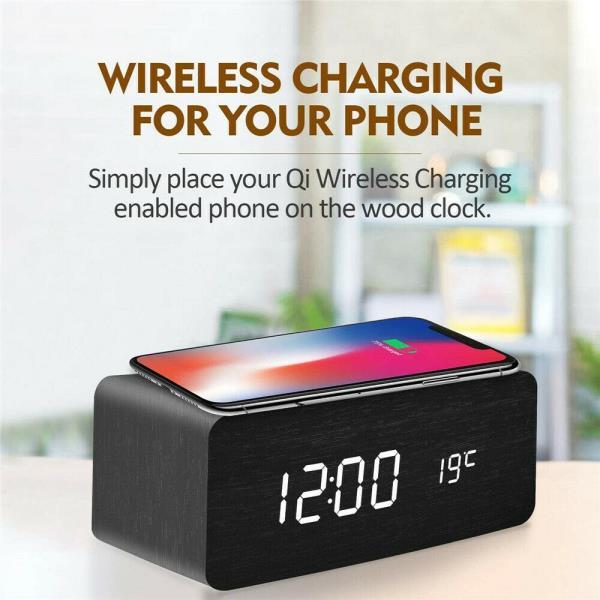 Smart Wireless Charging Sound Control Environmentally Friendly Mute Led Wooden Clock Wooden Home Electronic Alarm Clock